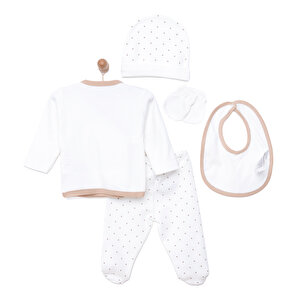 Kız Bebek Yenidoğan 5'li Hastane Çıkışı %100 Pamuk Çıtçıtlı Yaka Uzun Kol Patikli Ekru