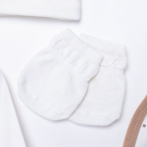 Kız Bebek Yenidoğan 5'li Hastane Çıkışı %100 Pamuk Çıtçıtlı Yaka Uzun Kol Patikli Ekru