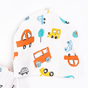 Yenidoğan Zıbın-Şapka-Patikli Alt İnterlok Çıtçıtlı Zarf Yaka Uzun Kol Ekru