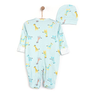 Kız Bebek Yenidoğan Tulum Şapka %100 Pamuk Zürafa Baskılı Çıtçıtlı Bisiklet Yaka Uzun Kol Yeşil