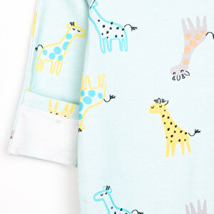 Kız Bebek Yenidoğan Tulum Şapka %100 Pamuk Zürafa Baskılı Çıtçıtlı Bisiklet Yaka Uzun Kol Yeşil