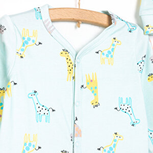 Kız Bebek Yenidoğan Tulum Şapka %100 Pamuk Zürafa Baskılı Çıtçıtlı Bisiklet Yaka Uzun Kol Yeşil