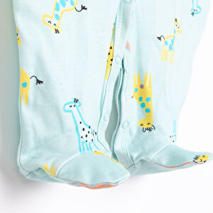 Kız Bebek Yenidoğan Tulum Şapka %100 Pamuk Zürafa Baskılı Çıtçıtlı Bisiklet Yaka Uzun Kol Yeşil