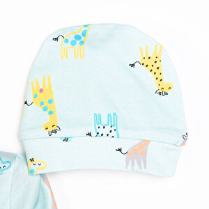Kız Bebek Yenidoğan Tulum Şapka %100 Pamuk Zürafa Baskılı Çıtçıtlı Bisiklet Yaka Uzun Kol Yeşil