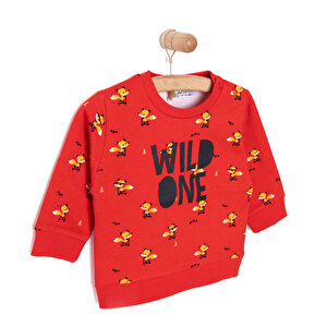 Erkek Bebek Sweatshirt Şardonlu  Wild One Baskılı Çıtçıtlı Bisiklet Yaka Uzun Kol