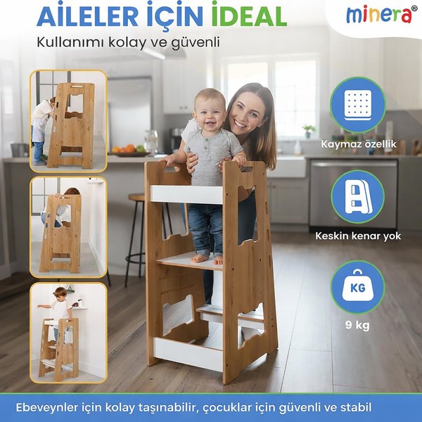 Ahşap Montessori Çocuk Öğrenme Kulesi Naturel 2-6 Yaş
