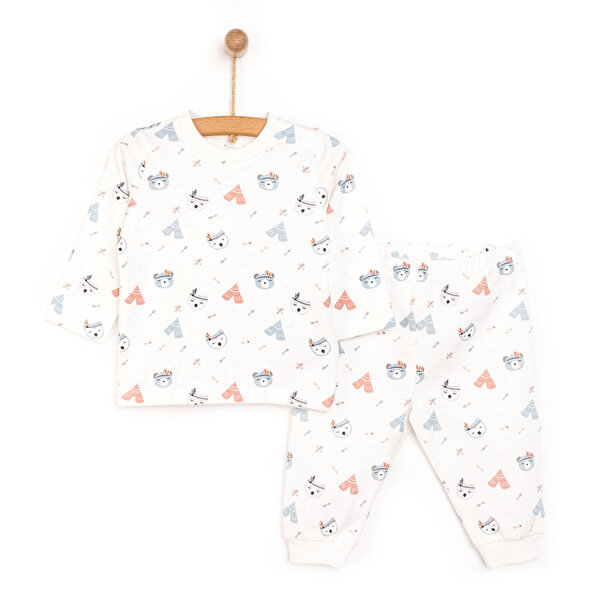 Erkek Bebek Pijama Takımı Hayvan Baskılı Çıtçıtlı Bisiklet Yaka Uzun Kol Ribanalı