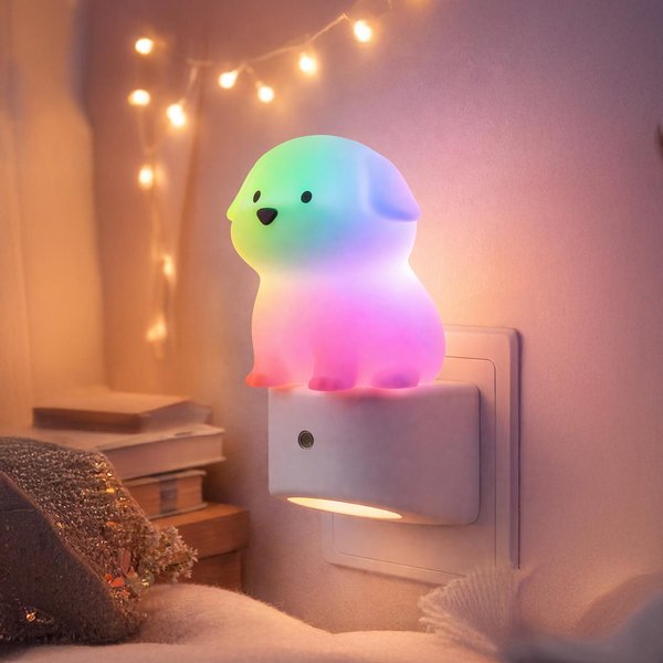 Priz Tipi Akıllı LED Gece Lambası, Otomatik Sensörlü RGB Köpek Figürlü Oda Aydınlatması